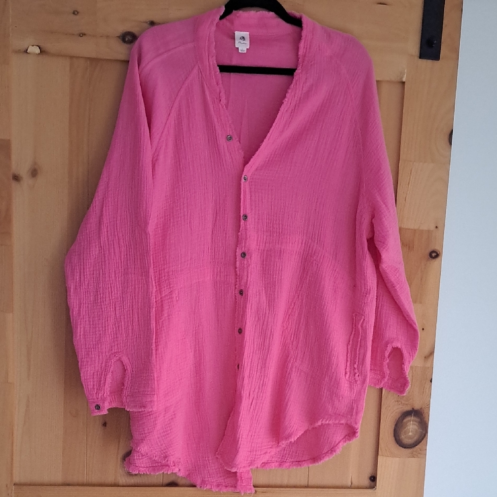 FLAWLESS Pink Long Sleeve Mandarin Collar Swim Coverup, Tunic Bubble Gum Pink